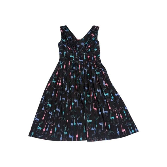 Retrospec'd Reindeer Printed Pleated Dress A-Line Black Multicolor Christmas - Picture 2 of 5